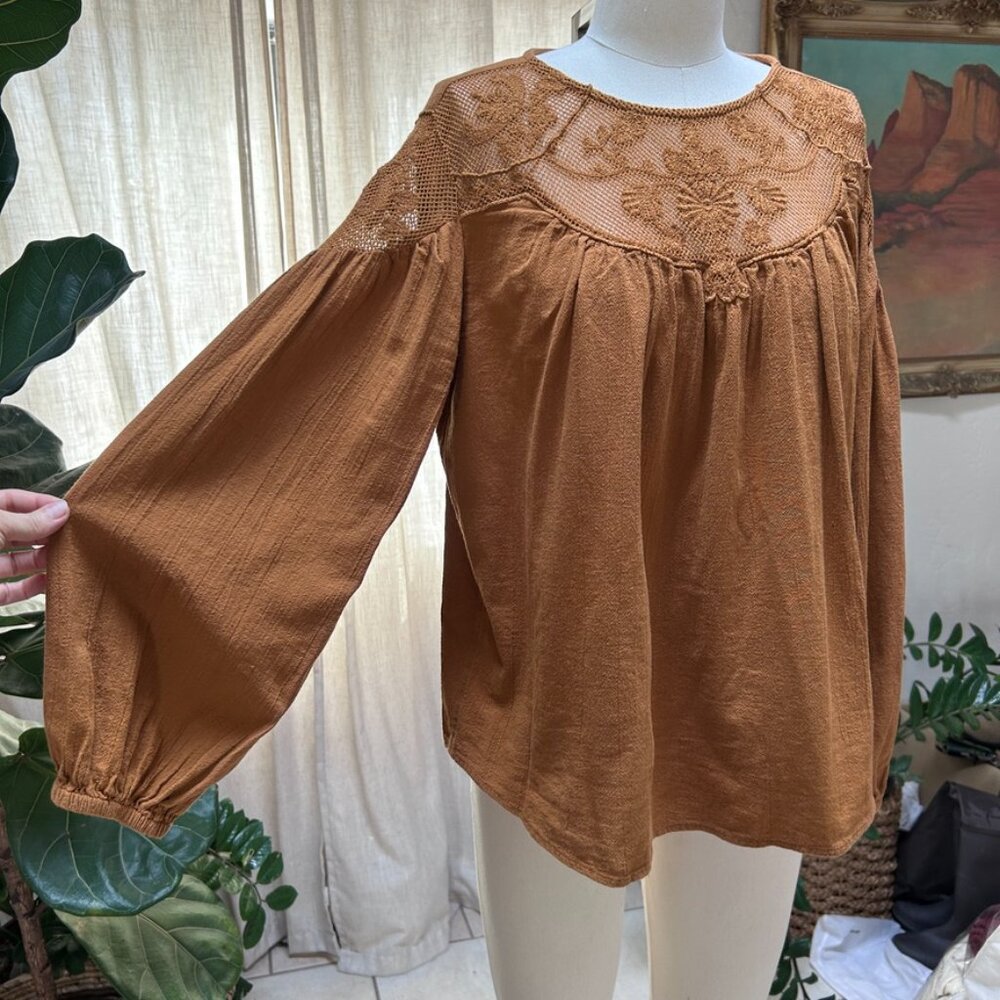 Brown Embroidered Lace Yoke Peasant Blouse Cotton Boho Folk Anthropology women L - Picture 3 of 16